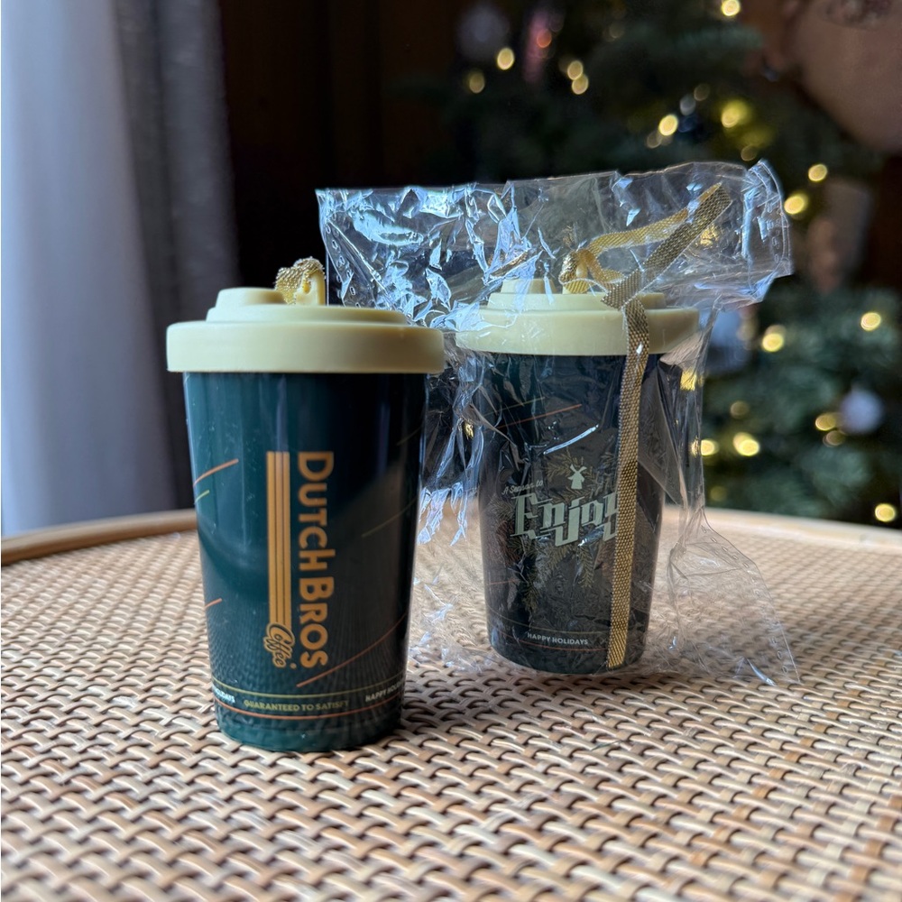 Dutch Bros Dark Green Cup Ornament with Cream Lid